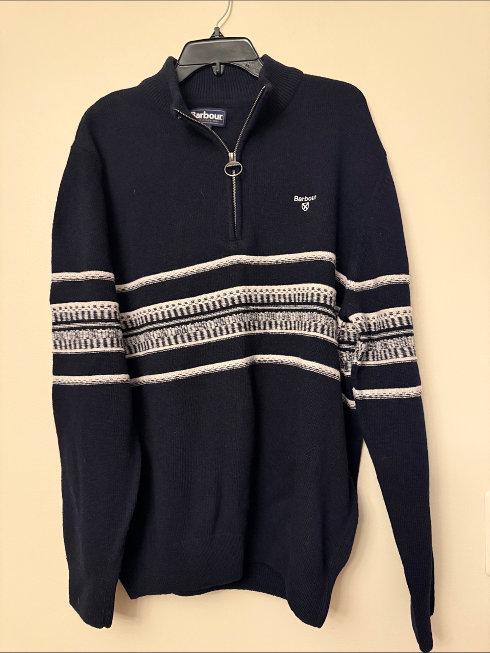 Barbour Kepwick Striped half-zip sweater in navy blue,